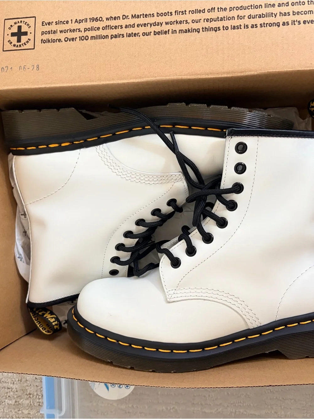 Dr. Martens White Leather 8-Eye Lace-Up Boots with Yellow Stitching